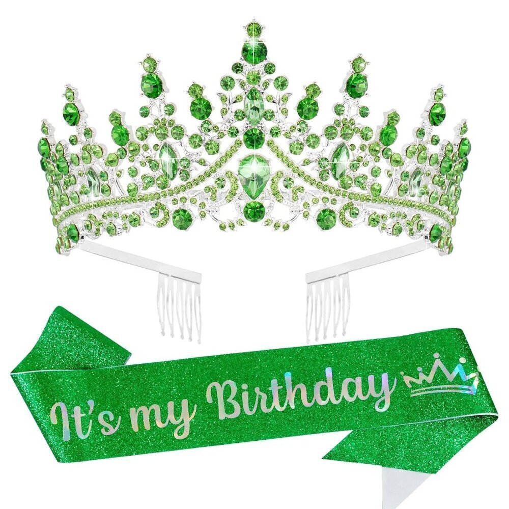 Green Crystal Tiara Crown for Women Girls Birthday Party Queen Princess